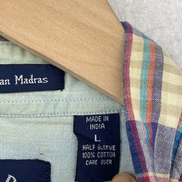 GANT Shirt Men L SALTY DOG Indian Madras Plaid Half Sleeve Button Up Cotton Blue - Picture 4 of 11